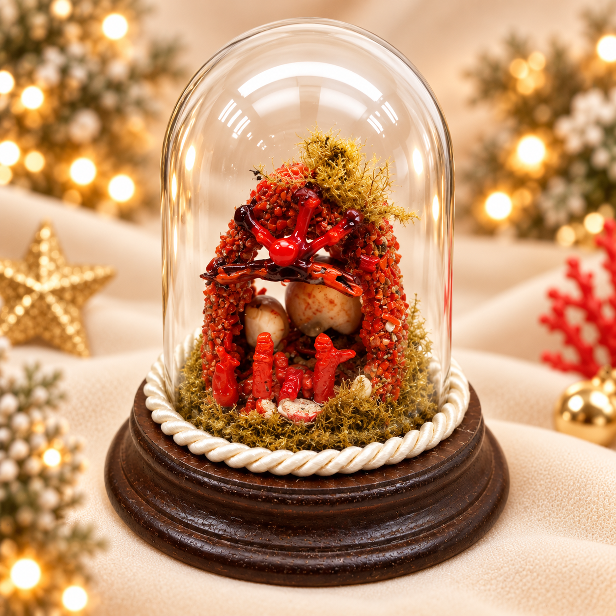 Presepe artigianale con Natività e pastorelli in vero corallo rosso naturale del Mediterraneo sotto cupola di vetro con base in legno.
