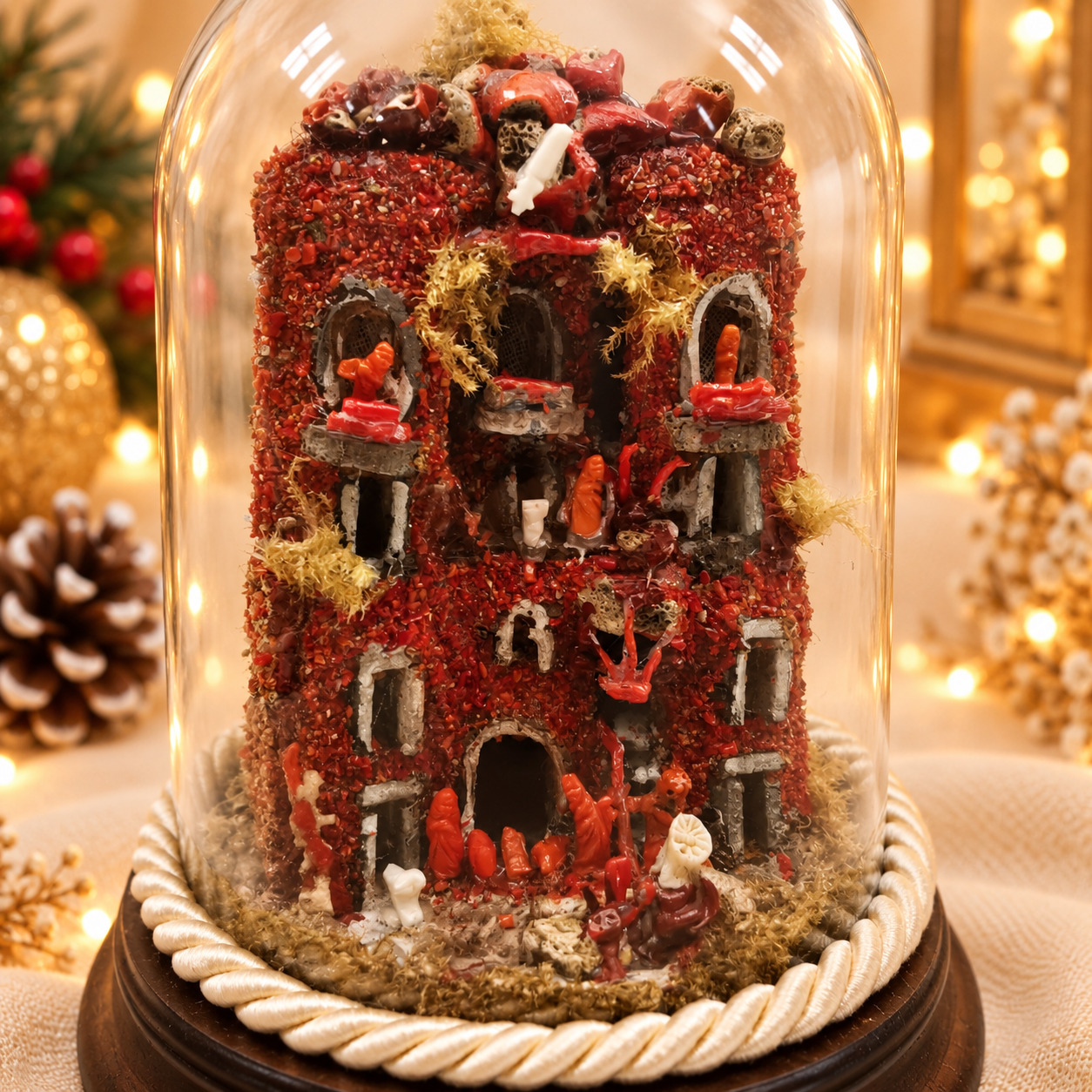 Presepe in corallo rosso artigianale con cupola trasparente in vetro e base in legno, decorazione natalizia Madonna Jewels