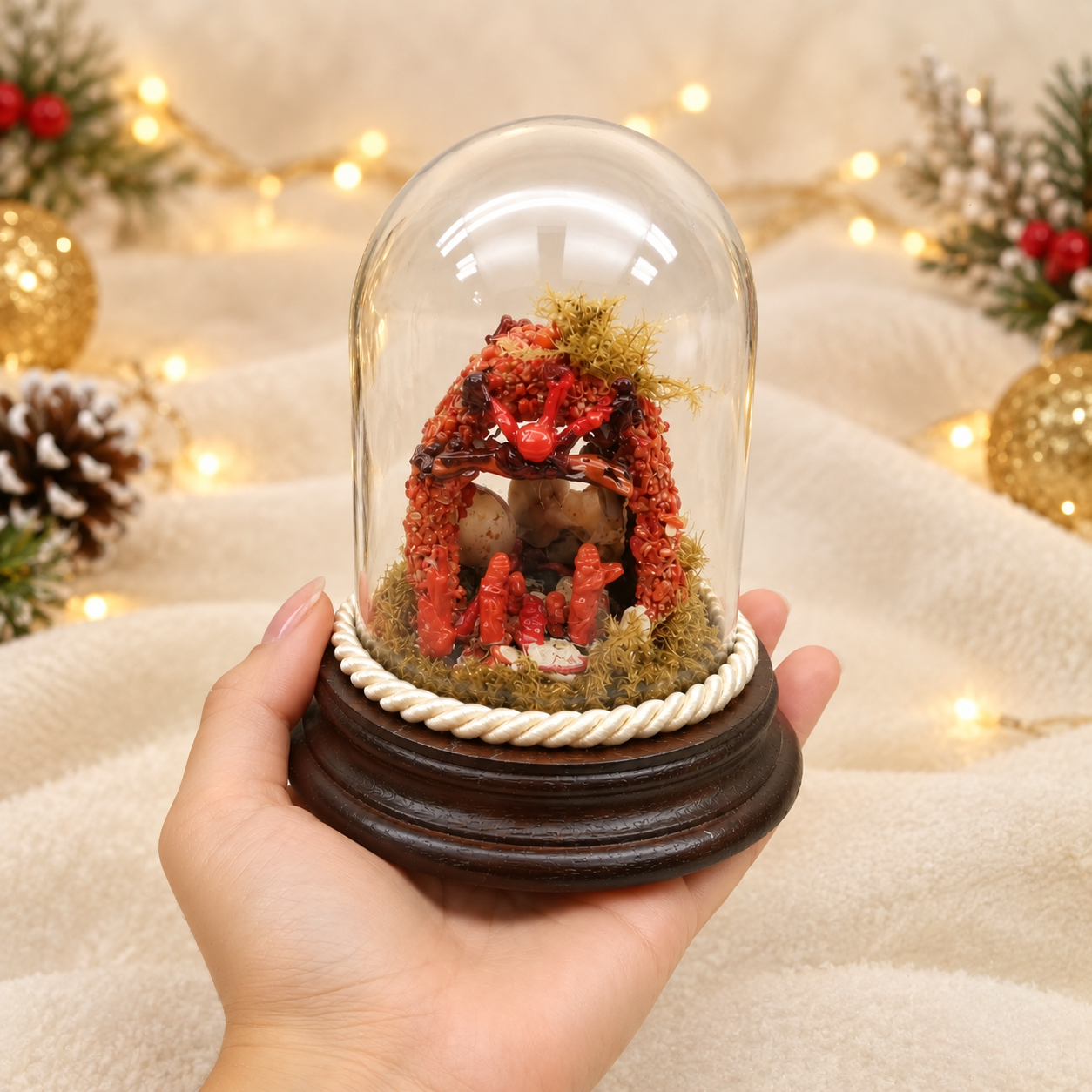Presepe artigianale in corallo rosso naturale del Mediterraneo sotto cupola di vetro con base in legno, mostrato in mano.