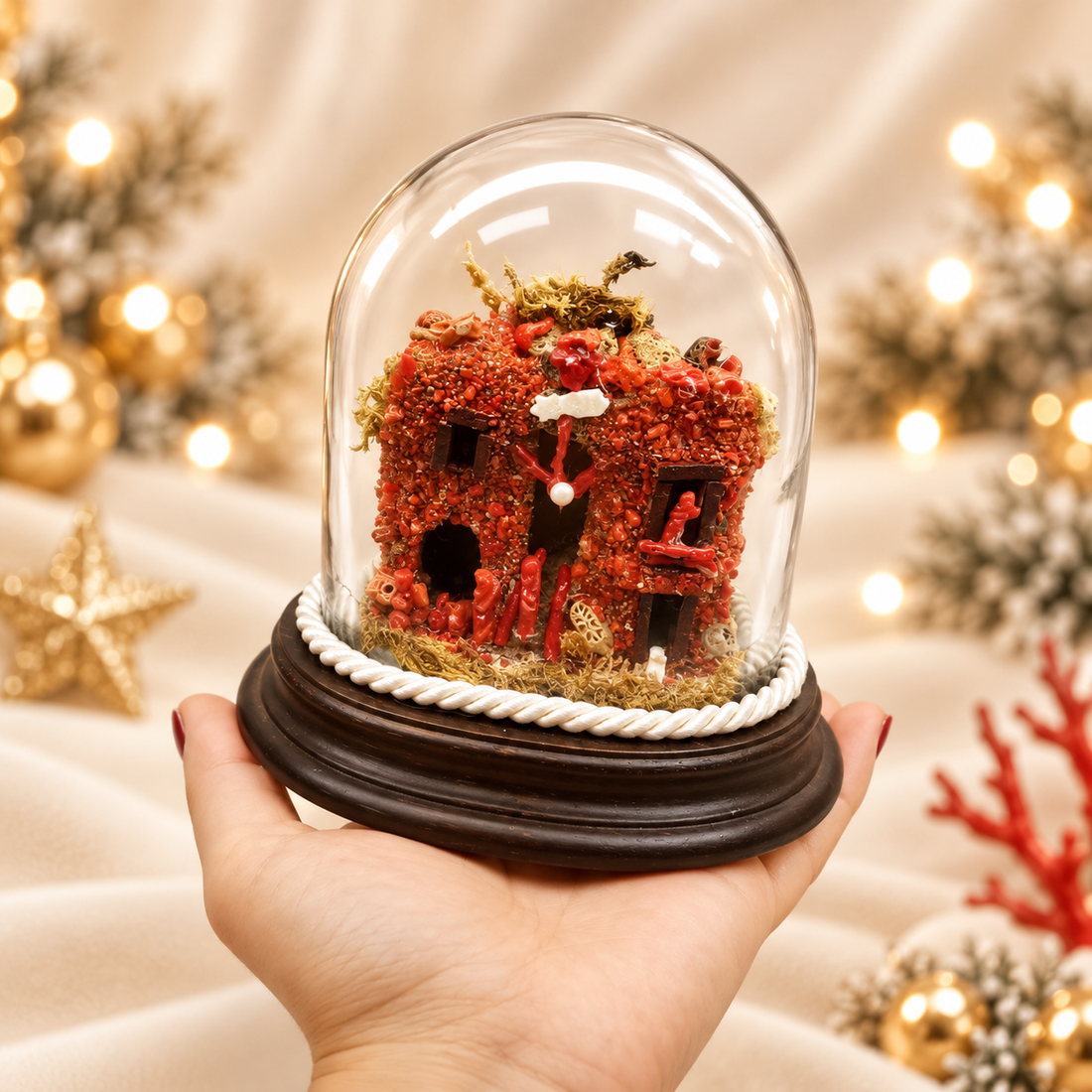 Presepe in Corallo Rosso Naturale del Mediterraneo con Natività e pastorelli incisi a mano, mostrato sulla mano sotto cupola in vetro