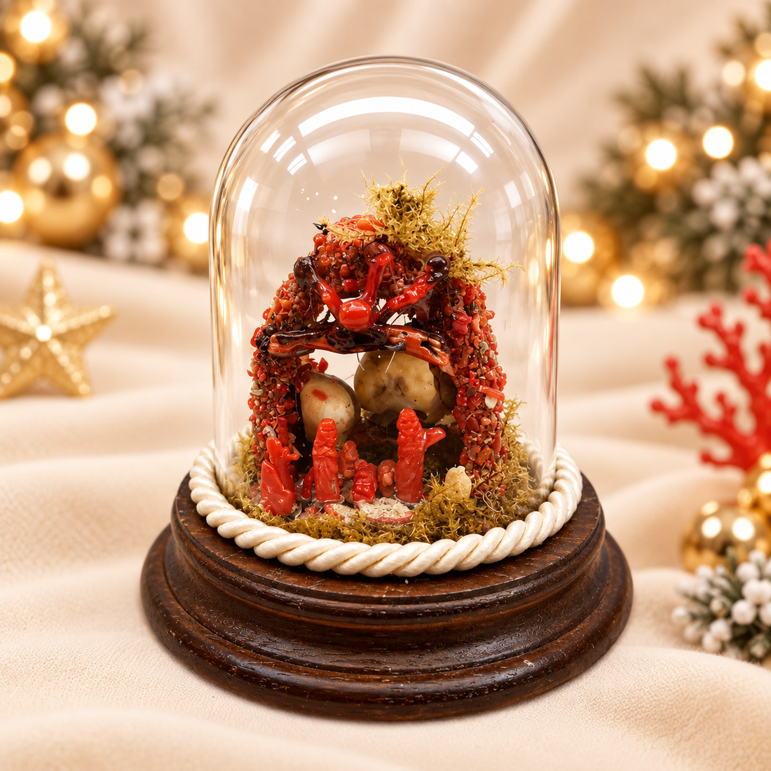 Presepe natalizio artigianale in corallo rosso naturale del Mediterraneo con cupola trasparente in vetro e base in legno.